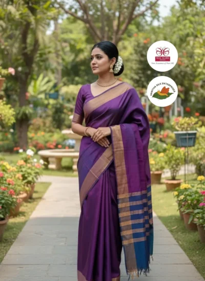 Royal Purple Handloom Kanchi Border Corporate Wear Silk  Saree