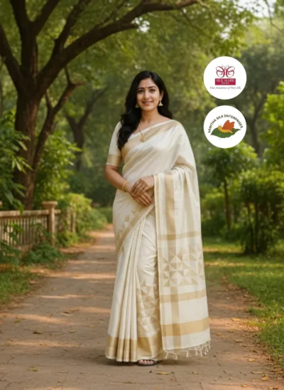 Ivory Kerala Kasavu Silk Saree
