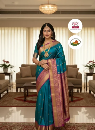 Teal Blue Banarasi Kanjivaram Silk Saree