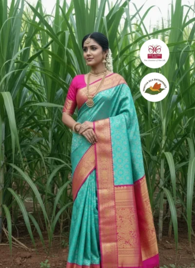 Teal & Pink Wedding Kanjivaram Silk Saree