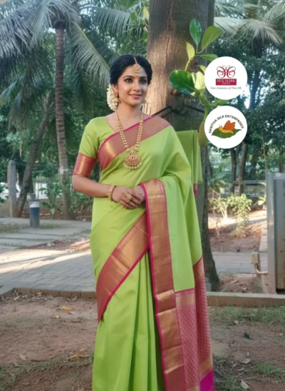Parrot Green & Pink Soft Mysore  Silk Saree