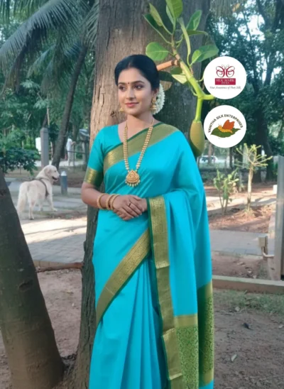 Sky Blue Soft Mysore Silk Saree with Green Zari Border