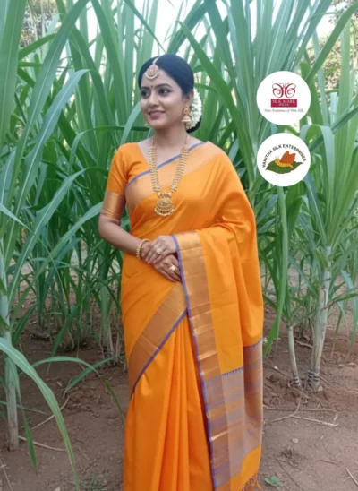 Bright Orange Soft Mysore Silk Saree with Blue Border
