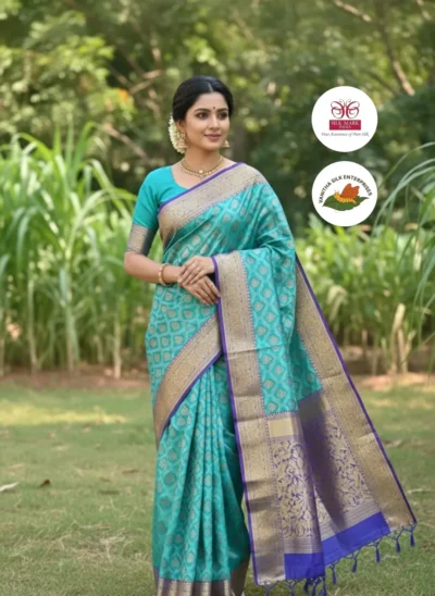 Turquoise & Royal Blue Kanjivaram Silk Saree