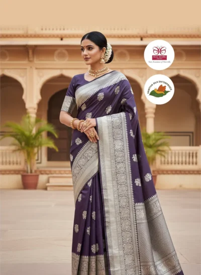Regal Elegance: Silk Saree in Deep Purple with Silver Accents