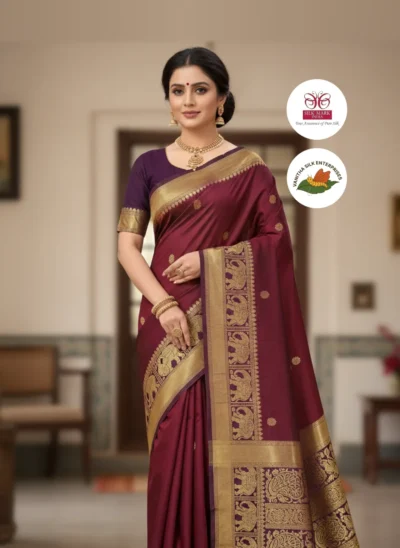 Elegant Burgundy Silk Saree with Intricate Gold Borders
