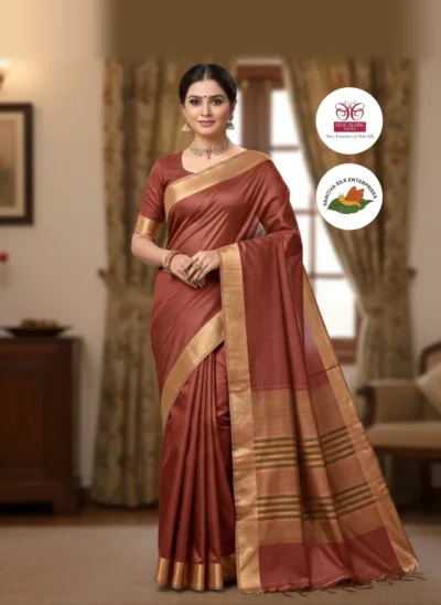 Elegant Rust Silk Saree with Golden Accents