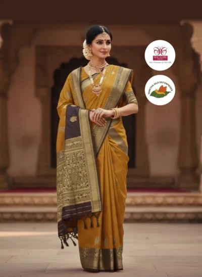 Ethereal Mustard Silk Saree with Intricate Accents