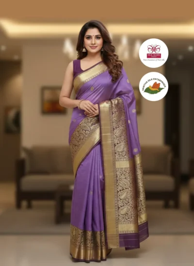 Radiant Elegance: Lavendar Silk Saree with Golden Accents