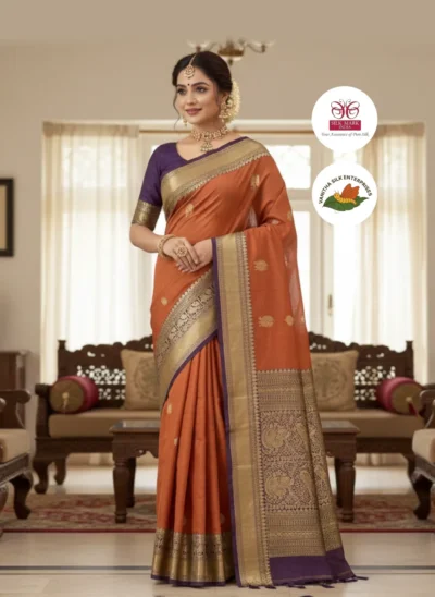 Radiant Orange and Purple Silk Saree